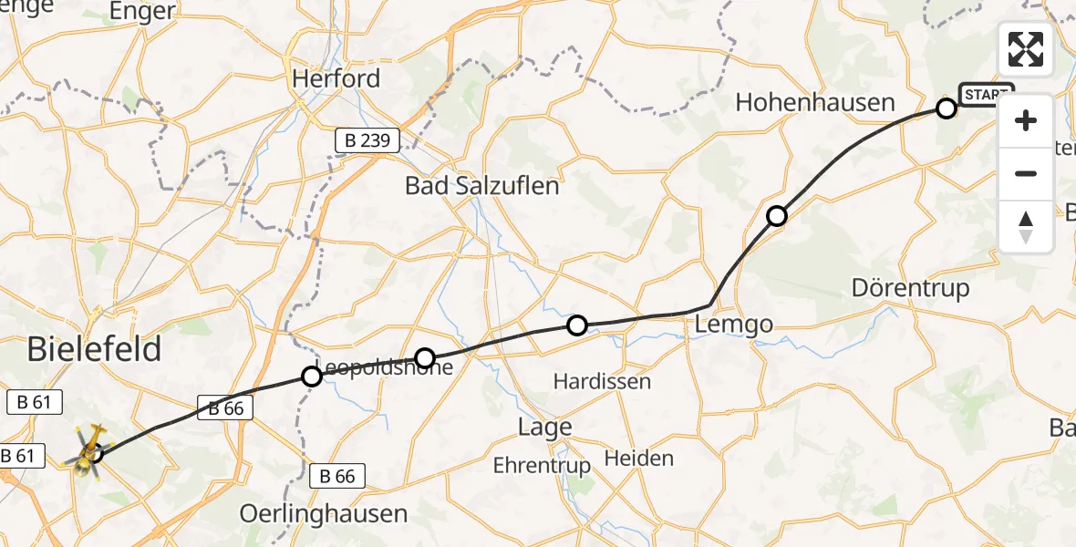 Flugroute Rettungshubschrauber Extertal - Luftrettungszentrum Bielefeld, 26 Juli 2026, 17:34