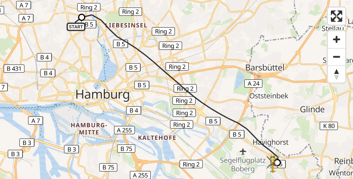 Flugroute Ambulanzhubschrauber Universitätsklinikum Hamburg-Eppendorf Hubschrauberlandeplatz - Christoph Hansa ADAC Hubschrauberlandeplatz, 26 Juli 2026, 17:35