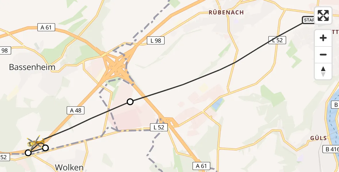 Flugroute Rettungshubschrauber Koblenz - Bassenheim, 26 Juli 2026, 17:35
