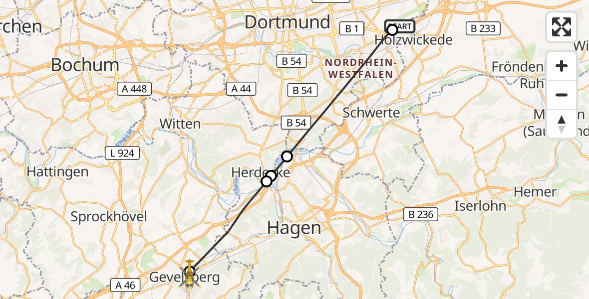 Flugroute Rettungshubschrauber Dortmund Flughafen - Gevelsberg, 26 Juli 2026, 17:41