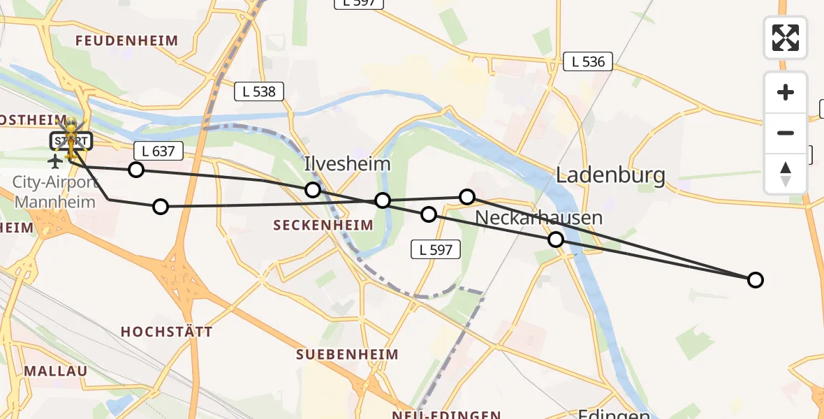 Flugroute Rettungshubschrauber Mannheim-City Flughafen - Mannheim-City Flughafen, 26 Juli 2026, 17:45