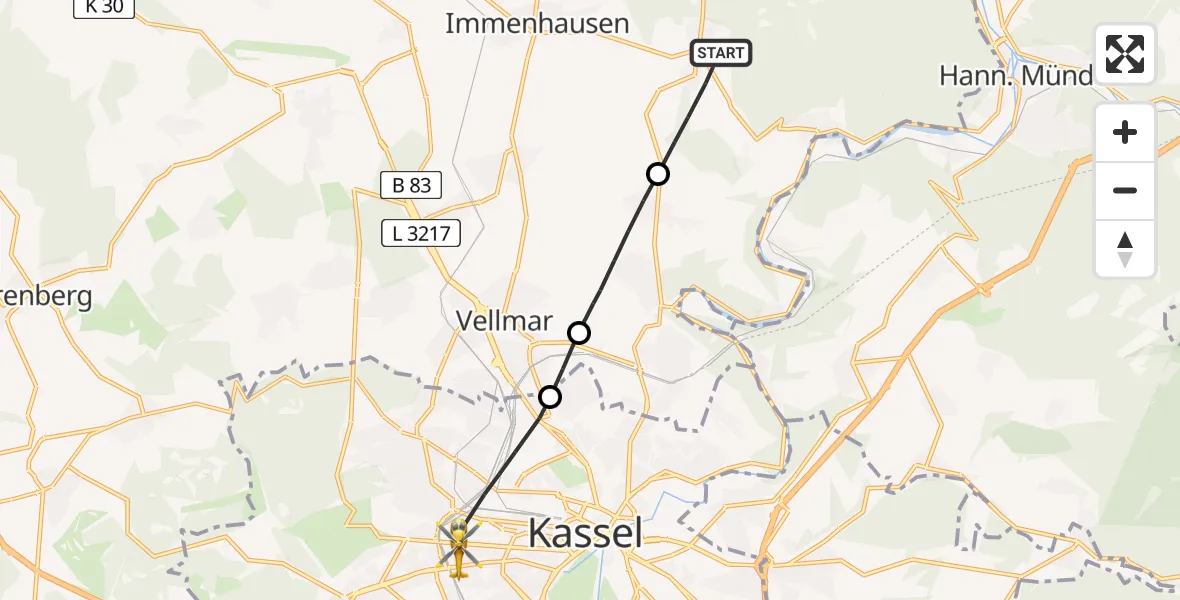 Flugroute Rettungshubschrauber Immenhausen - Kassel, 26 Juli 2026, 17:52