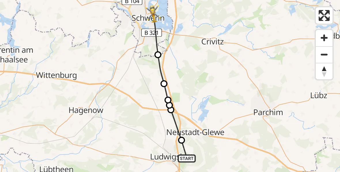 Flugroute Rettungshubschrauber Groß Laasch - Schwerin, 26 Juli 2026, 18:04