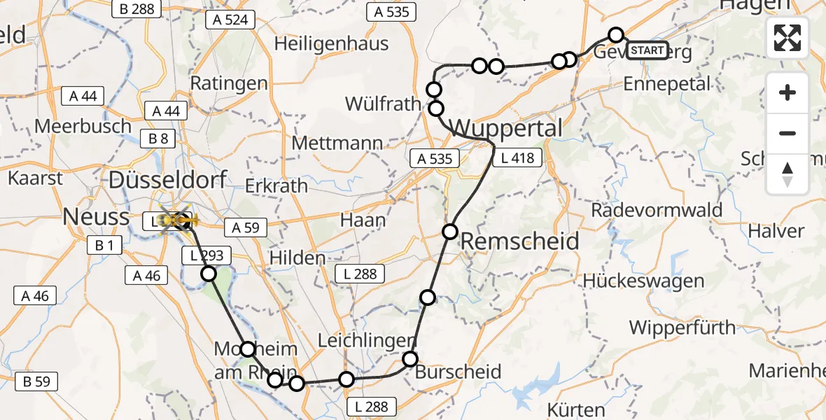 Flugroute Rettungshubschrauber Gevelsberg - Düsseldorf University Hospital, 26 Juli 2026, 18:08
