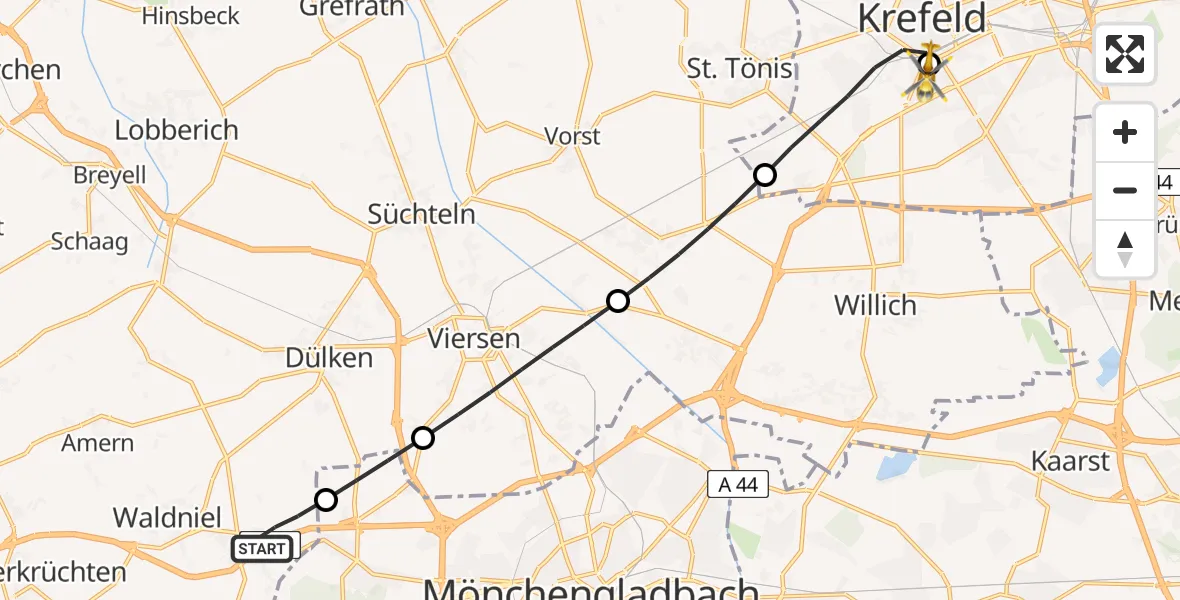 Flugroute Rettungshubschrauber Schwalmtal - Helios Clinic Krefeld, 26 Juli 2026, 18:10