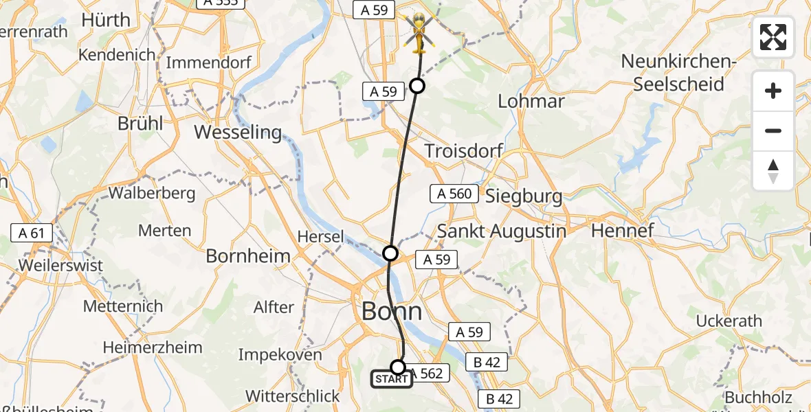 Flugroute Ambulanzhubschrauber Bonn University Hospital - Köln Bonn Flughafen, 26 Juli 2026, 18:10