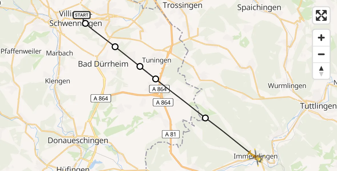 Flugroute Ambulanzhubschrauber DRF Air Rescue Station Villingen-Schwenningen Hubschrauberlandeplatz (Christoph 11) - Immendingen, 26 Juli 2026, 18:11