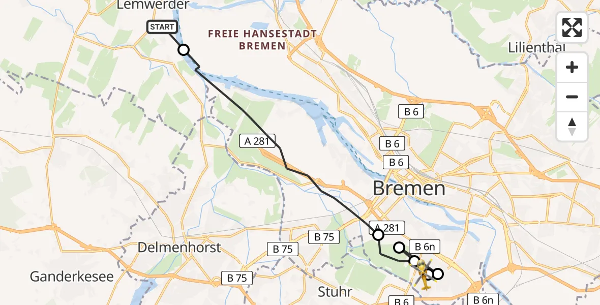Flugroute Rettungshubschrauber Lemwerder - ADAC Air Rescue Station Bremen Hubschrauberlandeplatz (Christoph 6), 26 Juli 2026, 18:14