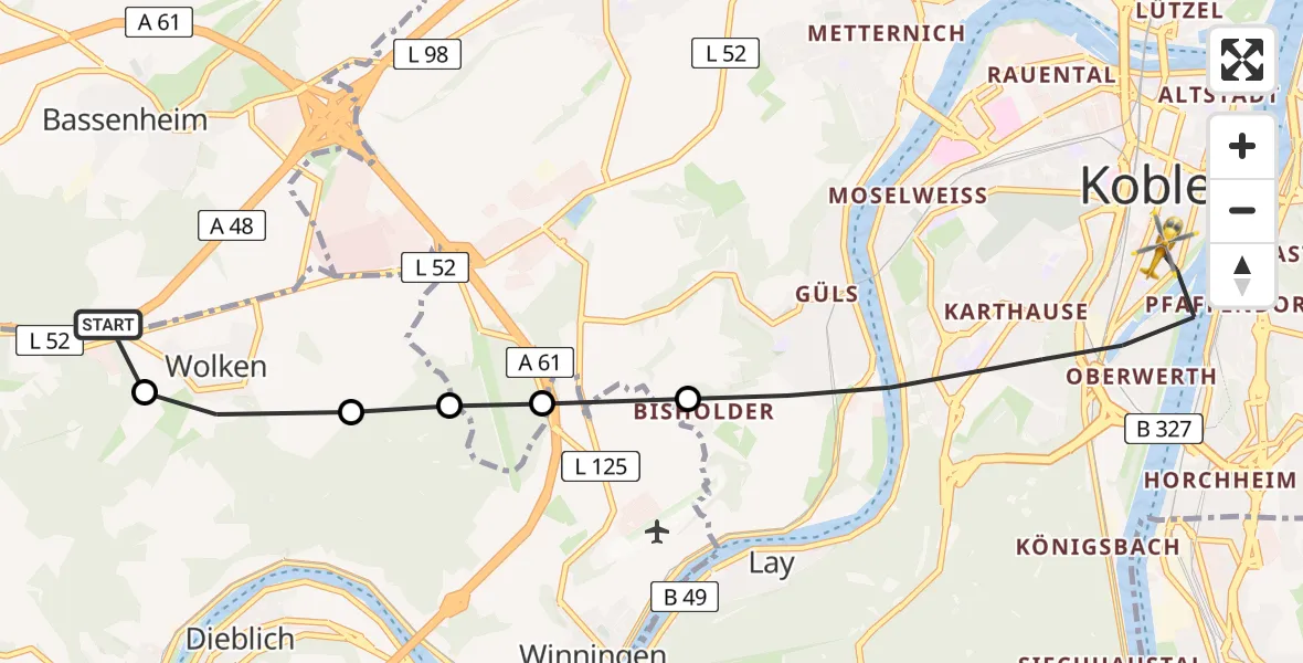 Flugroute Rettungshubschrauber Bassenheim - Koblenz, 26 Juli 2026, 18:15