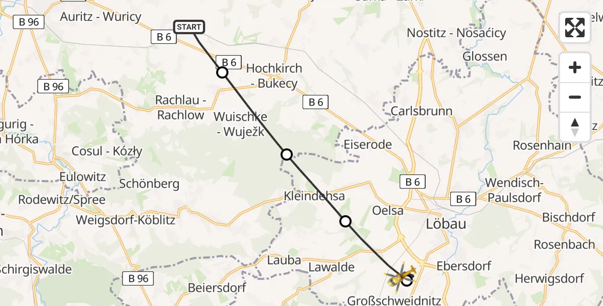 Flugroute Rettungshubschrauber Kubschütz - Großschweidnitz, 26 Juli 2026, 18:18
