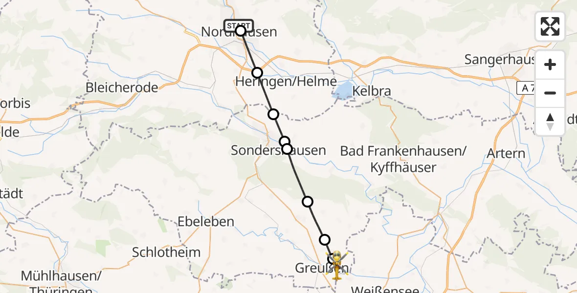 Flugroute Rettungshubschrauber Südharz Hospital Nordhausen - Greußen, 26 Juli 2026, 18:21