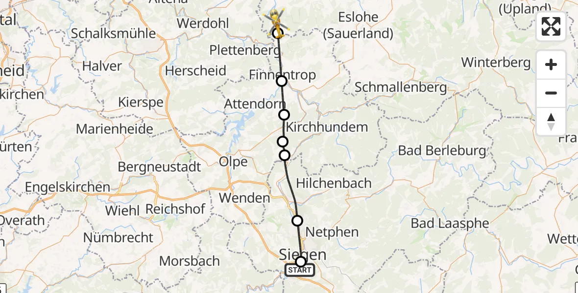 Flugroute Rettungshubschrauber Evangelisches Jung-Stilling Hospital - Sundern (Sauerland), 26 Juli 2026, 18:21