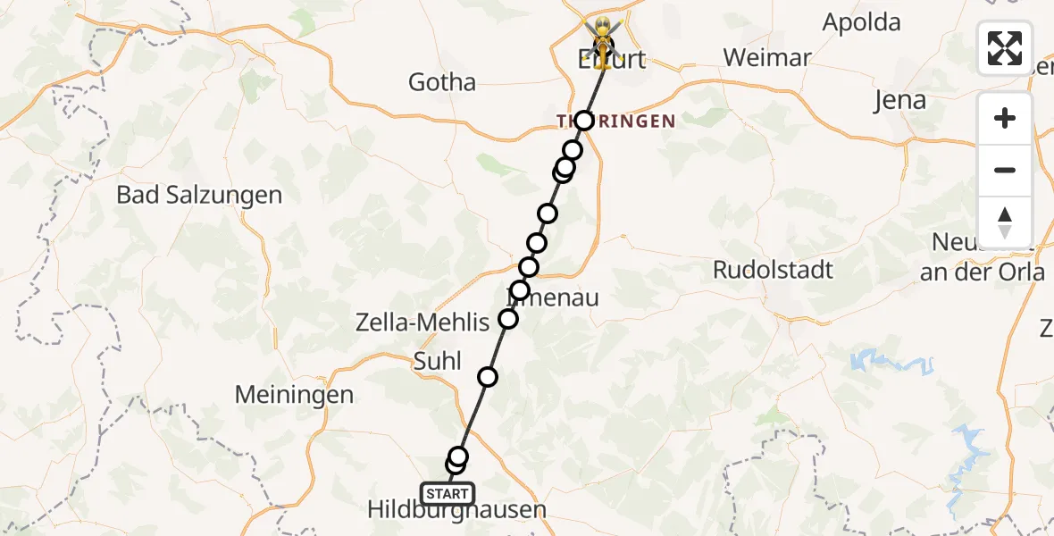Flugroute Rettungshubschrauber Hildburghausen - Helios Clinic Erfurt, 26 Juli 2026, 18:26
