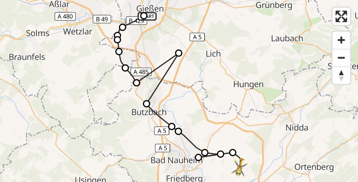 Flugroute Ambulanzhubschrauber Gießen University Hospital - Reichelsheim (Wetterau), 26 Juli 2026, 18:34