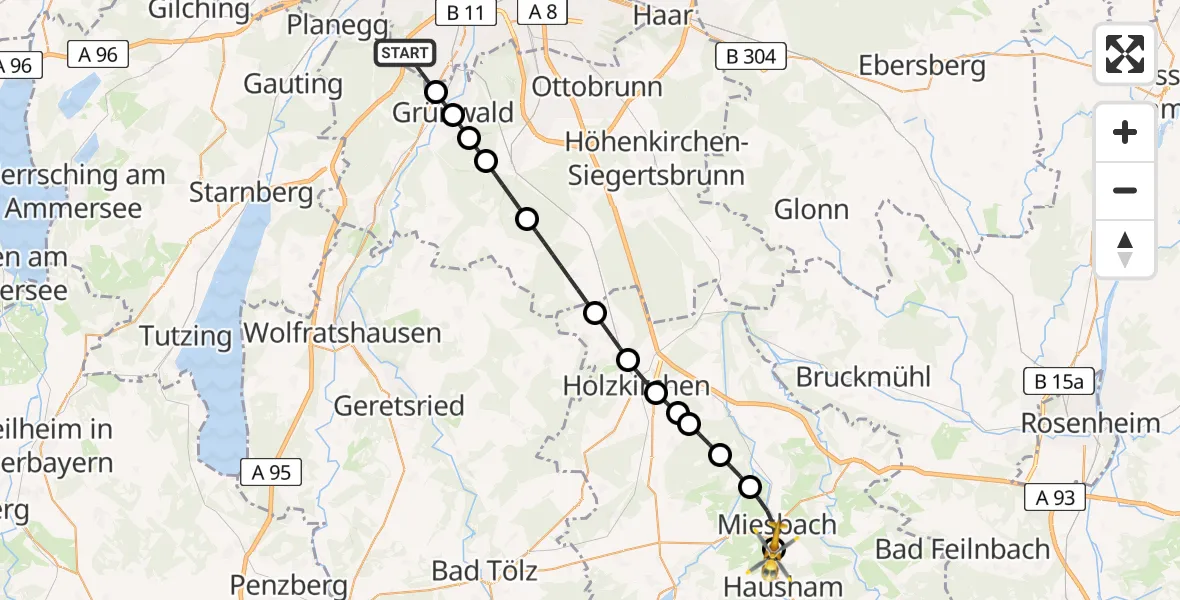 Flugroute Rettungshubschrauber München - Hausham, 26 Juli 2026, 18:38