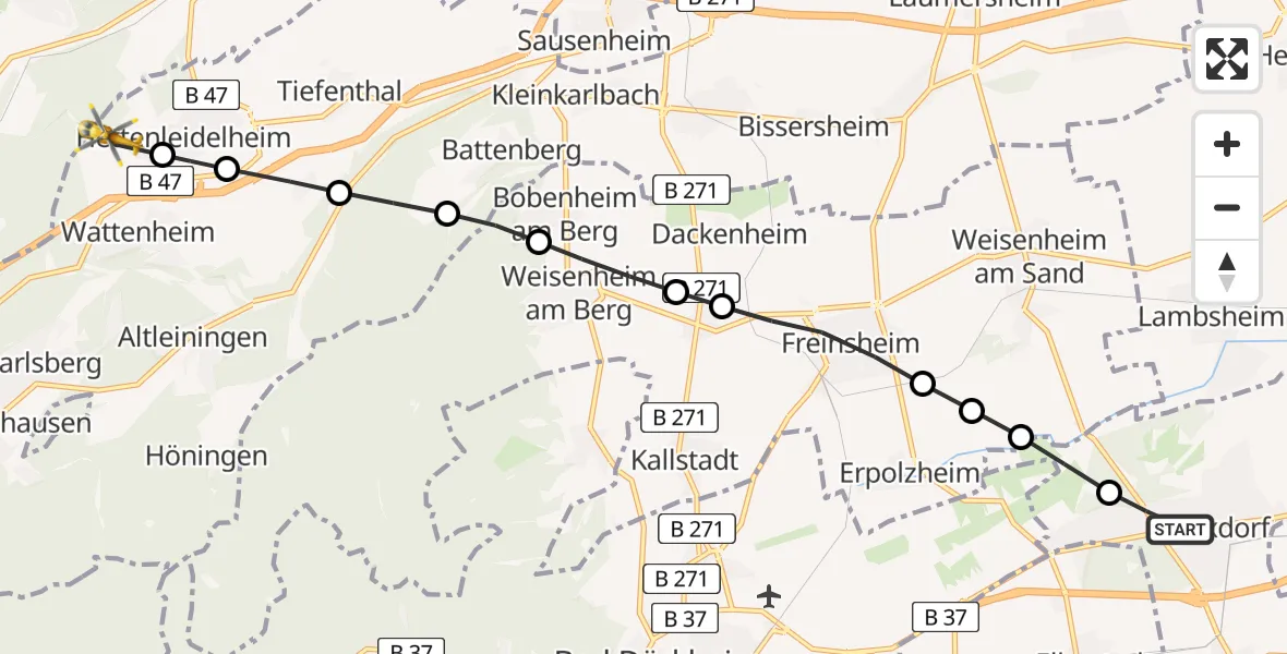 Flugroute Rettungshubschrauber Maxdorf - Hettenleidelheim, 26 Juli 2026, 18:39