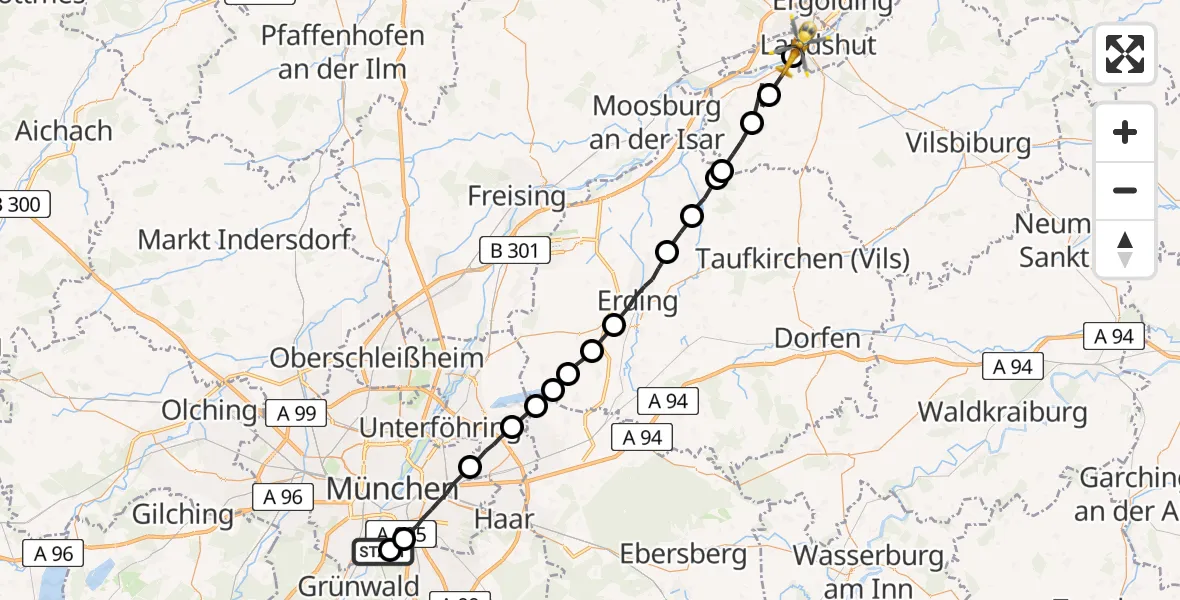 Flugroute Rettungshubschrauber ADAC Air Rescue Center Hubschrauberlandeplatz (Christoph 1) - Landshut, 26 Juli 2026, 18:39