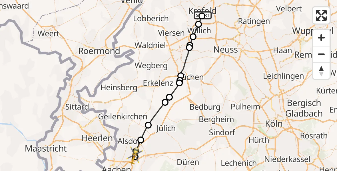 Flugroute Rettungshubschrauber Helios Clinic Krefeld - Aachen-Merzbrück Flughafen, 26 Juli 2026, 18:46