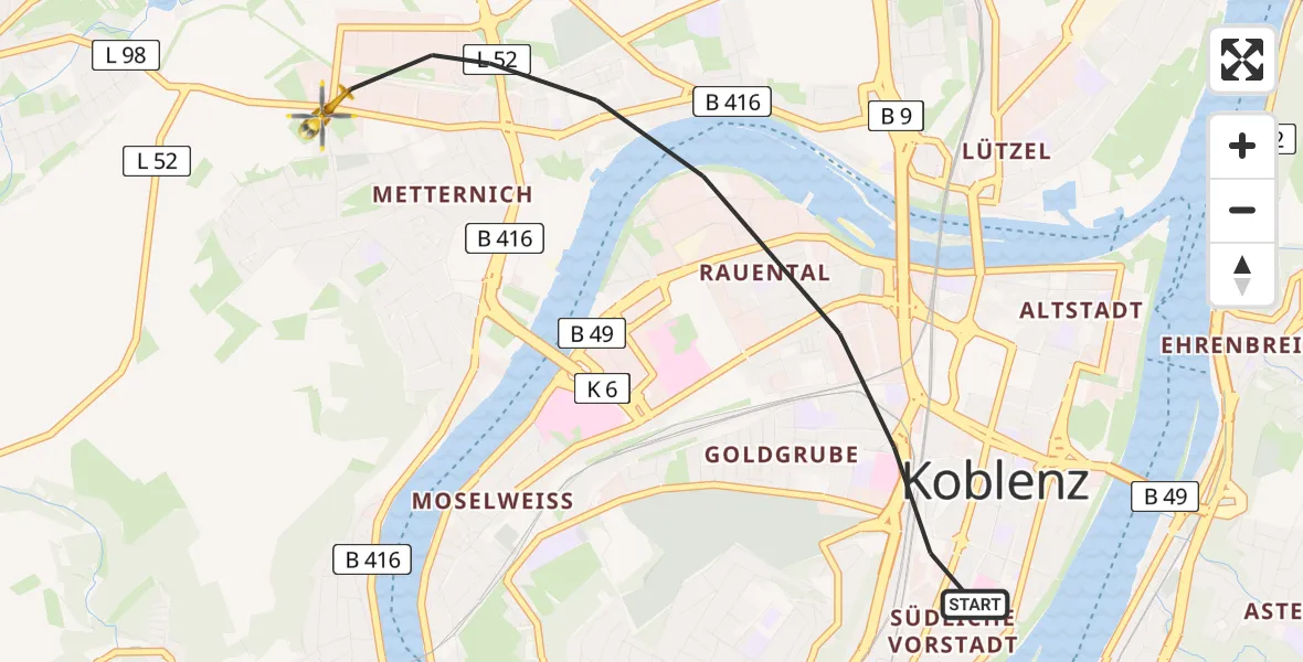 Flugroute Rettungshubschrauber Koblenz - Koblenz, 26 Juli 2026, 18:54
