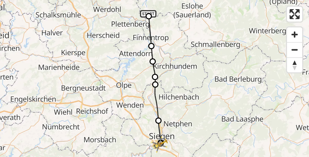 Flugroute Rettungshubschrauber Sundern (Sauerland) - Evangelisches Jung-Stilling Hospital, 26 Juli 2026, 18:56
