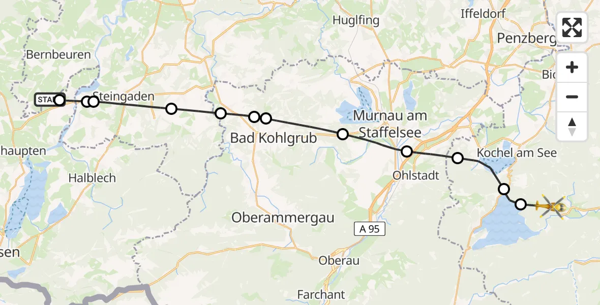 Flugroute Rettungshubschrauber Bernbeuren - Jachenau, 26 Juli 2026, 18:58