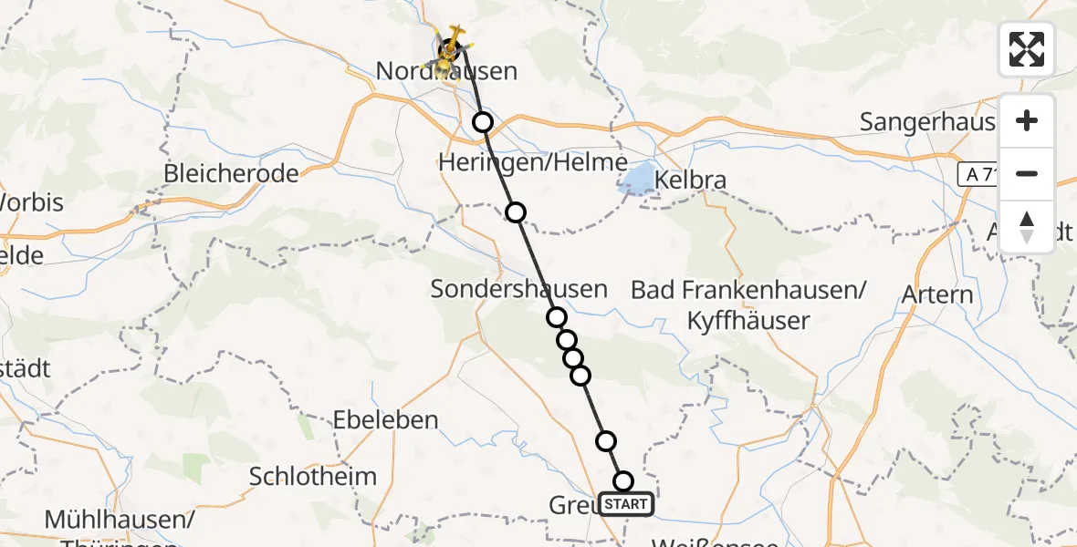 Flugroute Rettungshubschrauber Greußen - Südharz Hospital Nordhausen, 26 Juli 2026, 19:05