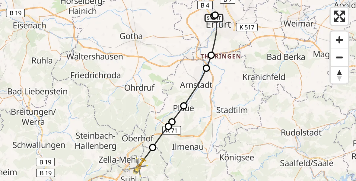 Flugroute Rettungshubschrauber Helios Clinic Erfurt - Suhl, 26 Juli 2026, 19:07