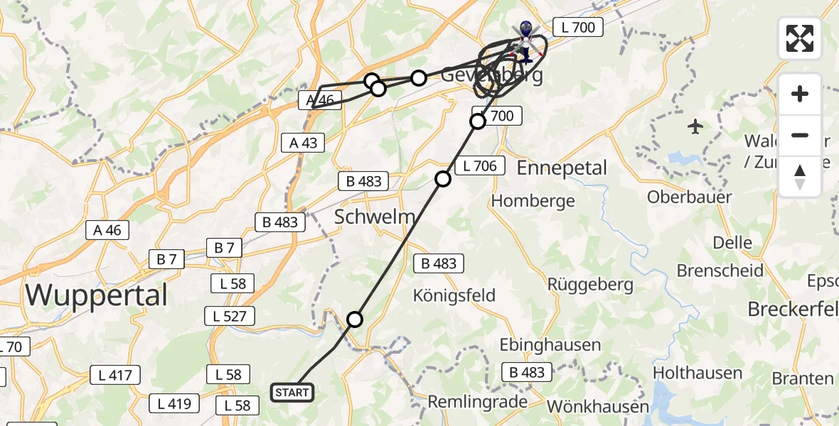 Flugroute Polizeihubschrauber Wuppertal - Gevelsberg, 26 Juli 2026, 19:07