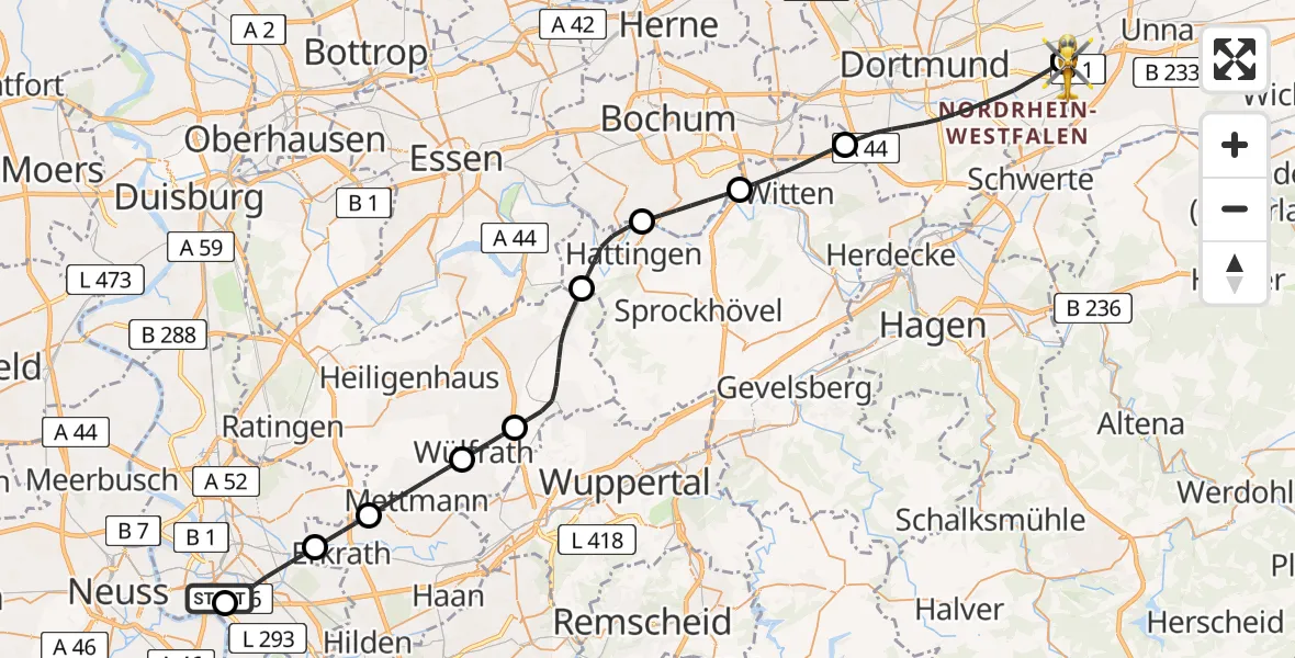 Flugroute Rettungshubschrauber Düsseldorf University Hospital - Dortmund Flughafen, 26 Juli 2026, 19:13