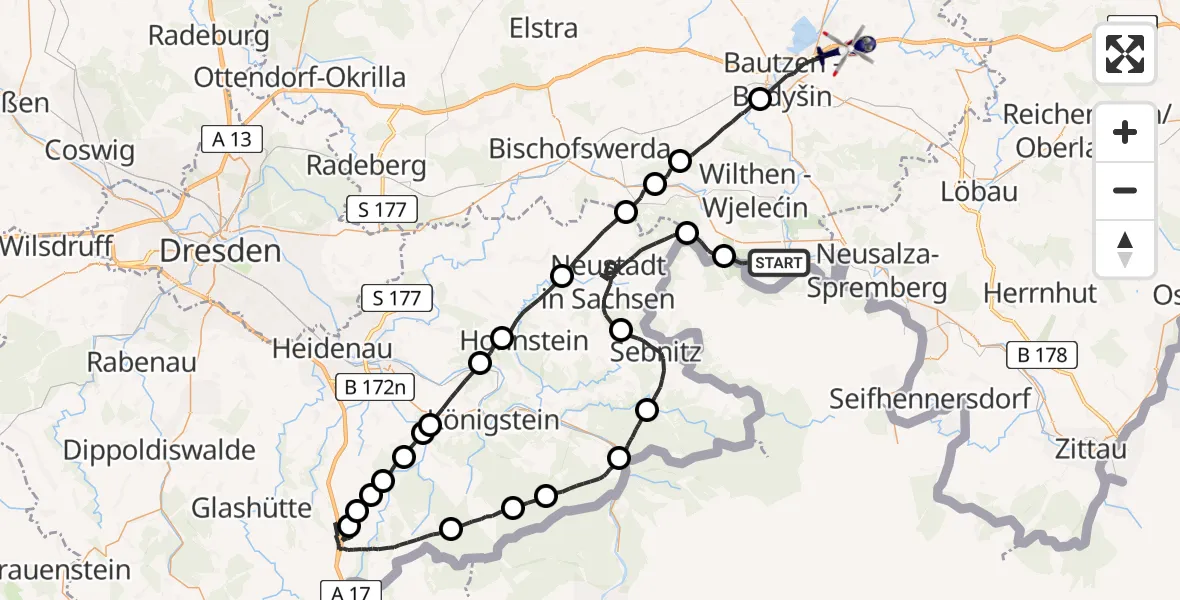 Flugroute Polizeihubschrauber Sohland a.d.Spree - Kubschütz, 26 Juli 2026, 19:13