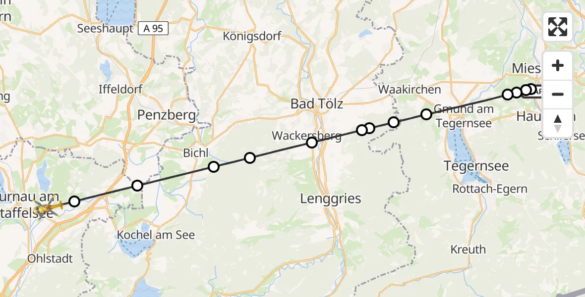 Flugroute Rettungshubschrauber Agatharied Hospital - Riegsee, 26 Juli 2026, 19:13