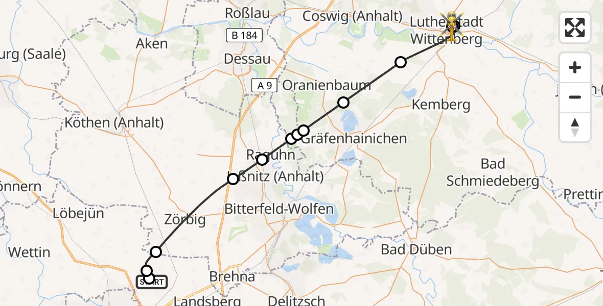 Flugroute Rettungshubschrauber Halle-Oppin Flugplatz - Paul-Gerhardt-Stift Evangelical Hospital, 26 Juli 2026, 19:16
