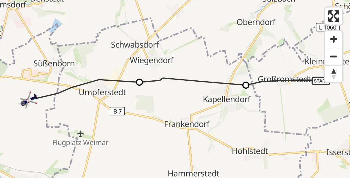Flugroute Polizeihubschrauber Bad Sulza - Weimar, 26 Juli 2026, 19:17