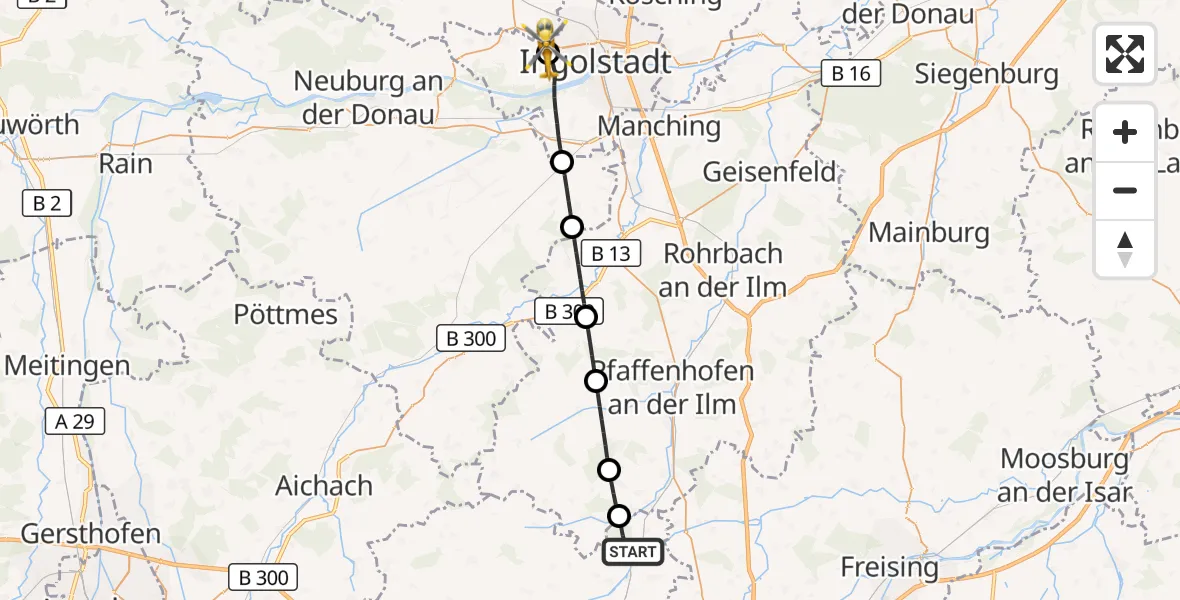 Flugroute Rettungshubschrauber Petershausen - Ingolstadt Hospital, 26 Juli 2026, 19:19