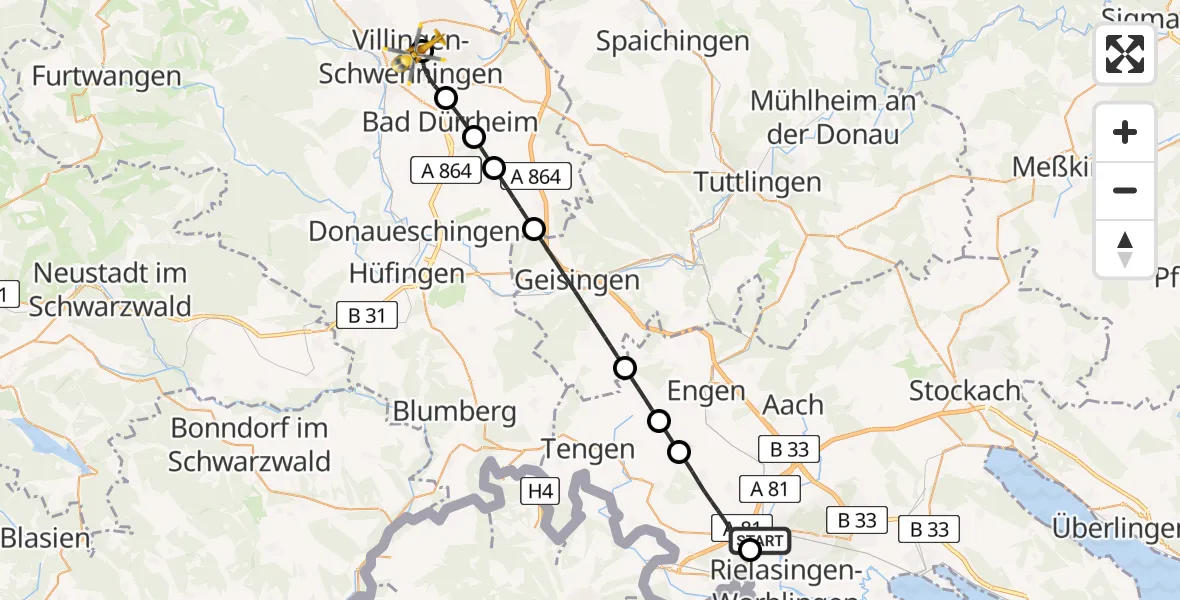Flugroute Ambulanzhubschrauber Singen (Hohentwiel) - DRF Air Rescue Station Villingen-Schwenningen Hubschrauberlandeplatz (Christoph 11), 26 Juli 2026, 19:20