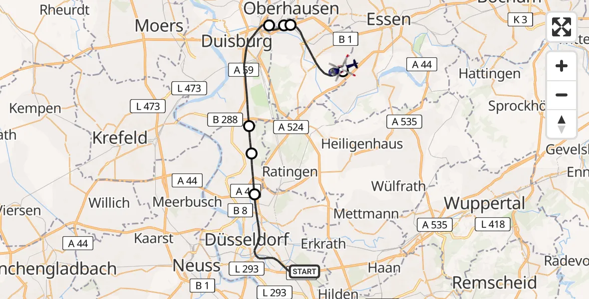 Flugroute Polizeihubschrauber Düsseldorf - Essen-Mülheim Flughafen, 26 Juli 2026, 19:20