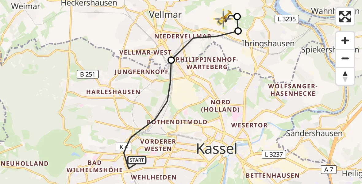 Flugroute Rettungshubschrauber Kassel - Fuldatal Bundespolizei Hubschrauberlandeplatz, 26 Juli 2026, 19:21