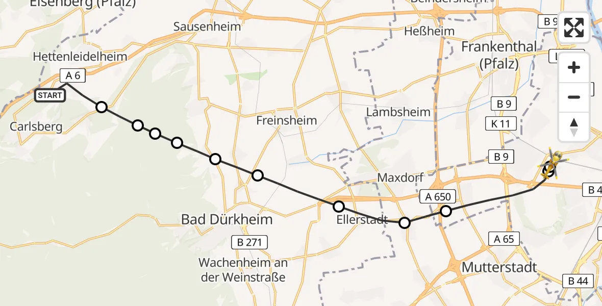 Flugroute Rettungshubschrauber Wattenheim - Ludwigshafen Accident Hospital, 26 Juli 2026, 19:22