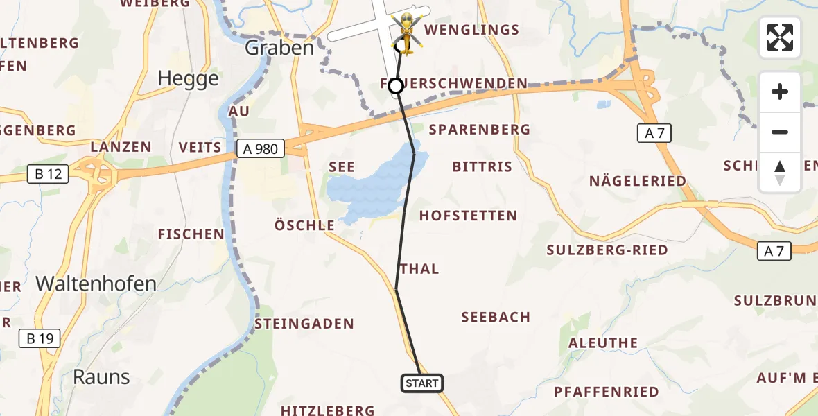 Flugroute Rettungshubschrauber Sulzberg - Kempten-Durach Flugplatz, 26 Juli 2026, 19:23