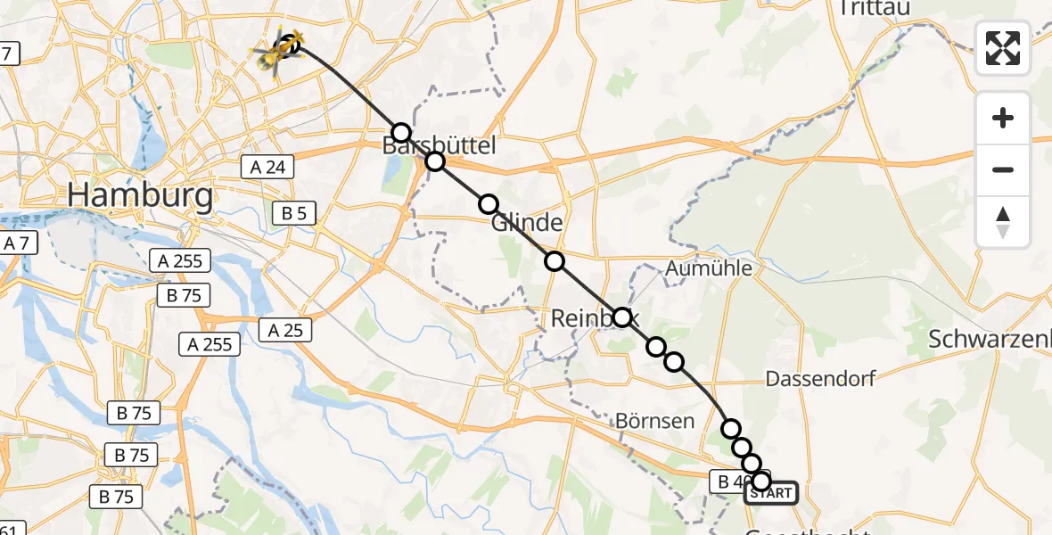 Flugroute Rettungshubschrauber Geesthacht - Hamburg Military Hospital, 26 Juli 2026, 19:39