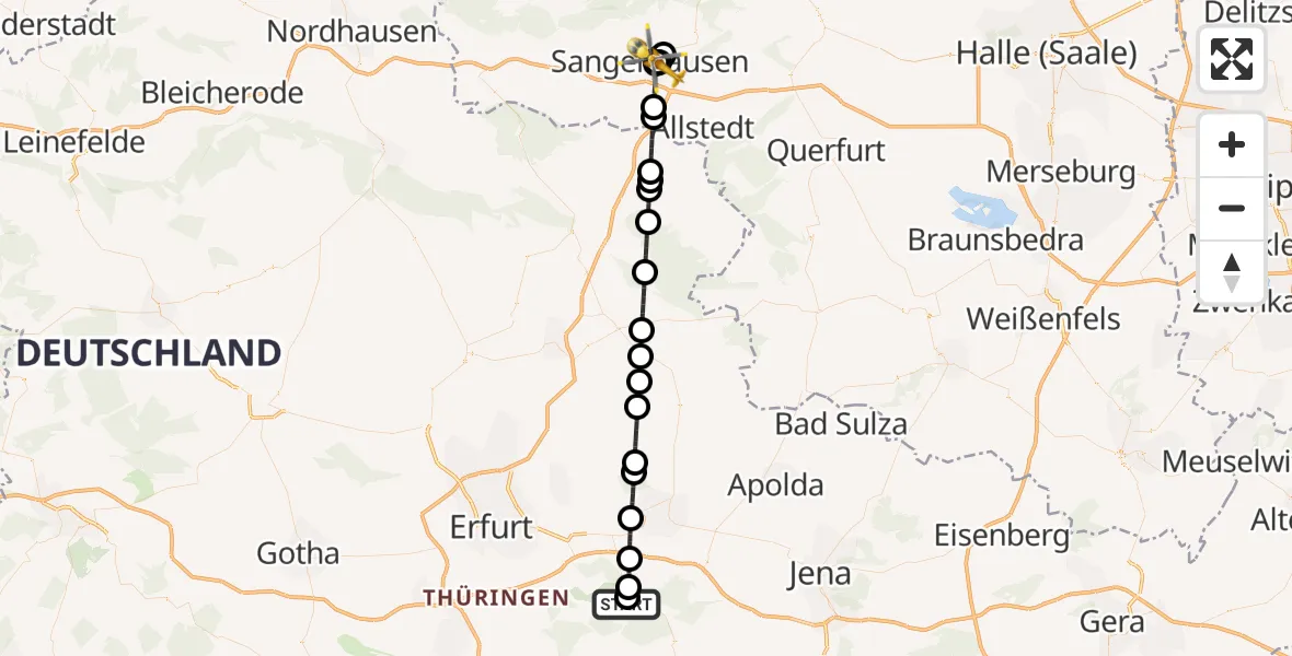 Flugroute Ambulanzhubschrauber Bad Berka - Helios Clinic Mansfeld-Südharz, 26 Juli 2026, 19:44