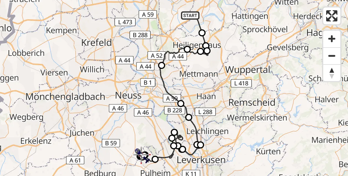 Flugroute Polizeihubschrauber Essen - Rommerskirchen, 26 Juli 2026, 20:04