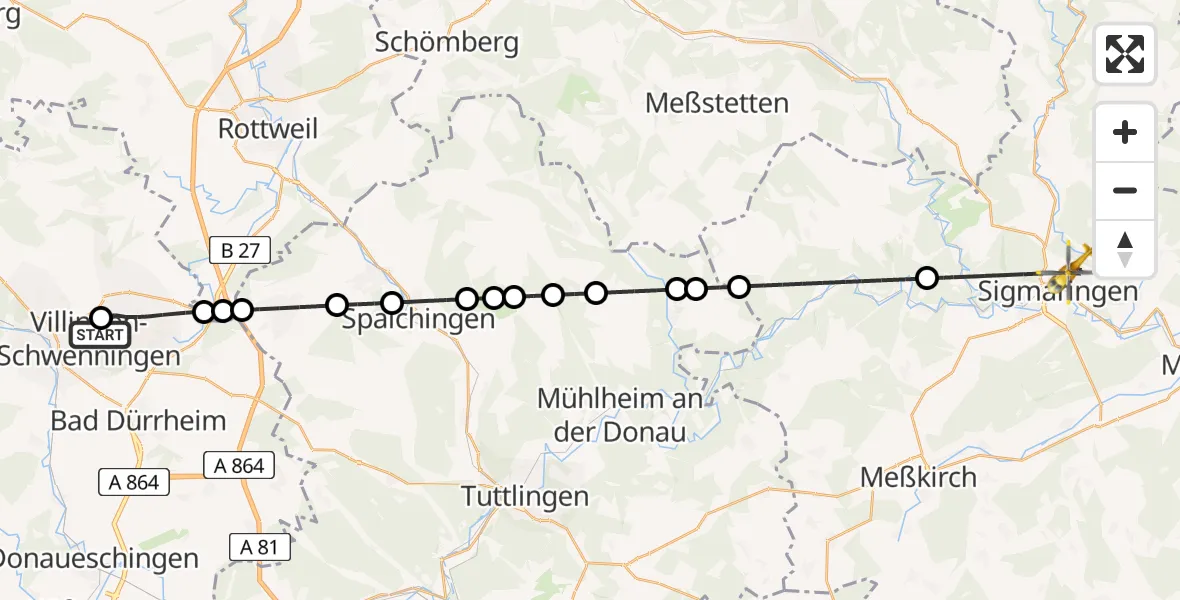 Flugroute Ambulanzhubschrauber DRF Air Rescue Station Villingen-Schwenningen Hubschrauberlandeplatz (Christoph 11) - Sigmaringen, 26 Juli 2026, 20:12