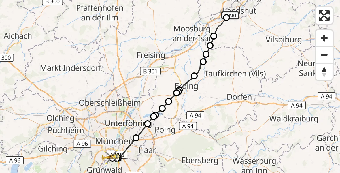 Flugroute Rettungshubschrauber Landshut - ADAC Air Rescue Center Hubschrauberlandeplatz (Christoph 1), 26 Juli 2026, 20:15