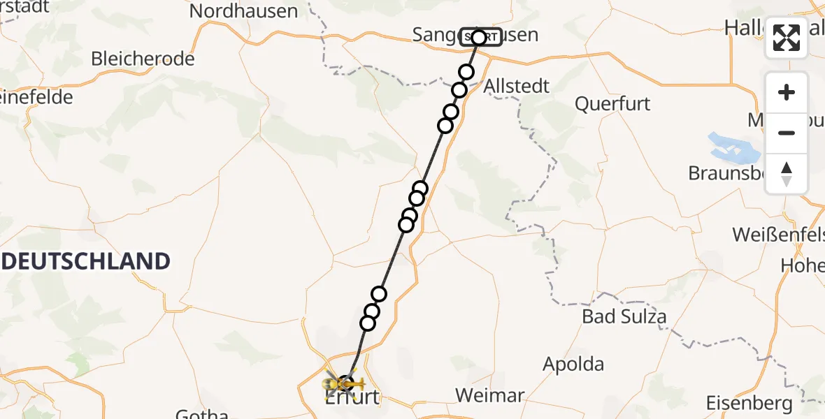Flugroute Ambulanzhubschrauber Helios Clinic Mansfeld-Südharz - Helios Clinic Erfurt, 26 Juli 2026, 20:22