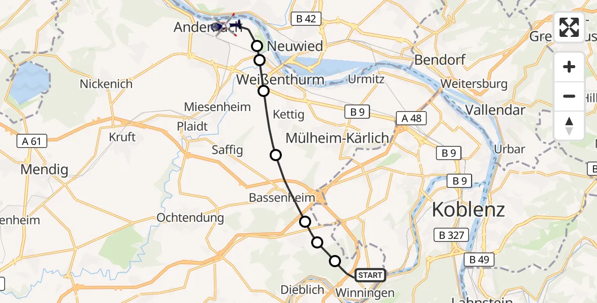 Flugroute Polizeihubschrauber Winningen - Andernach, 26 Juli 2026, 20:25