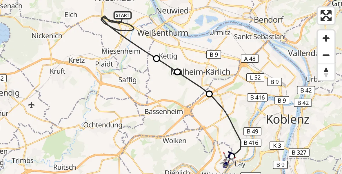 Flugroute Polizeihubschrauber Andernach - Koblenz-Winningen Flugplatz, 26 Juli 2026, 20:32