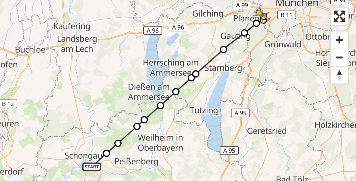 Flugroute Rettungshubschrauber Peiting - DRF Air Rescue München Hubschrauberlandeplatz, 26 Juli 2026, 20:40
