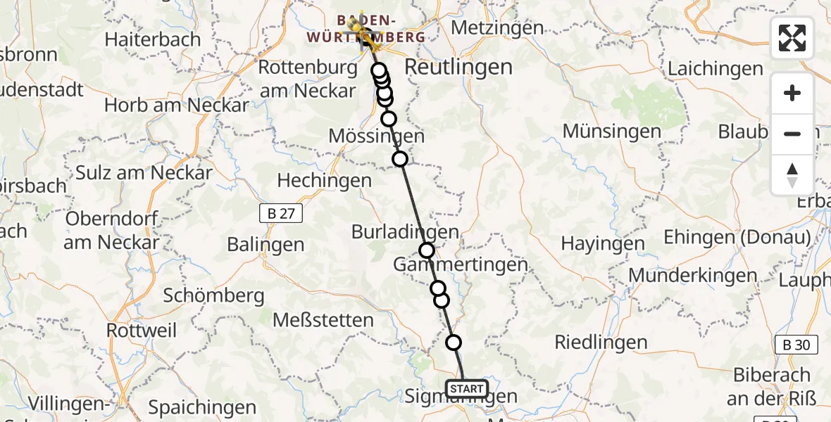 Flugroute Ambulanzhubschrauber Sigmaringen - Tübingen University Hospital, 26 Juli 2026, 20:56