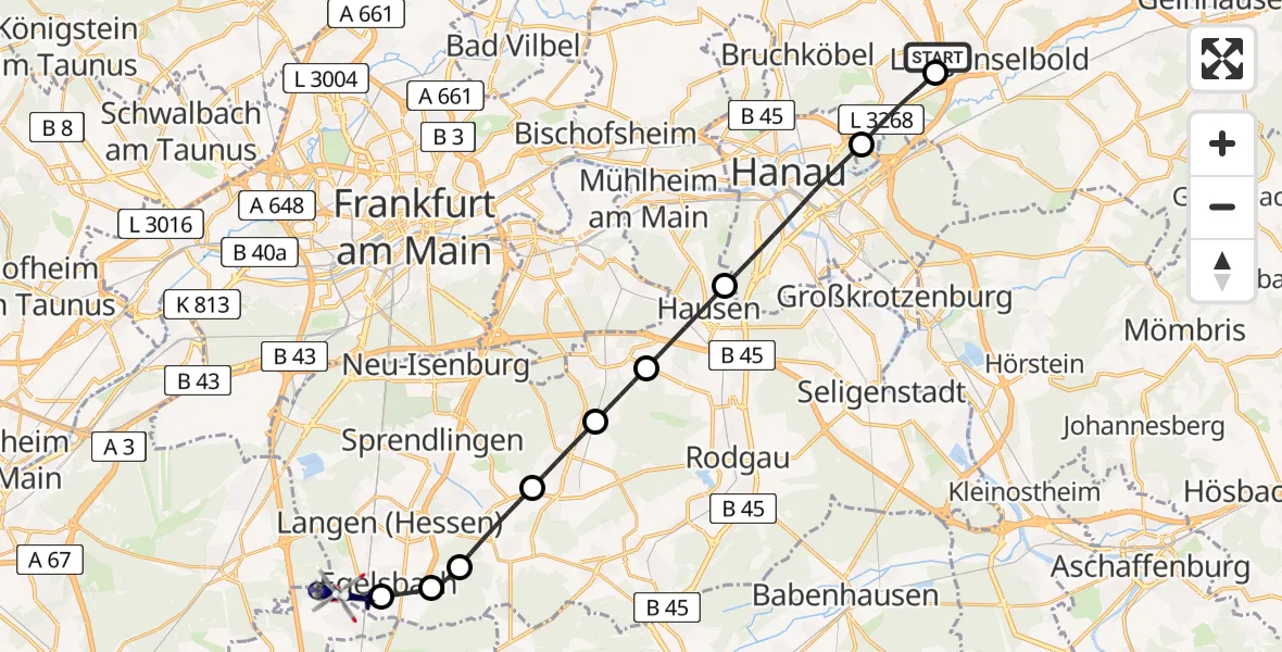 Flugroute Polizeihubschrauber Langenselbold - Flughafen Frankfurt-Egelsbach, 26 Juli 2026, 21:05